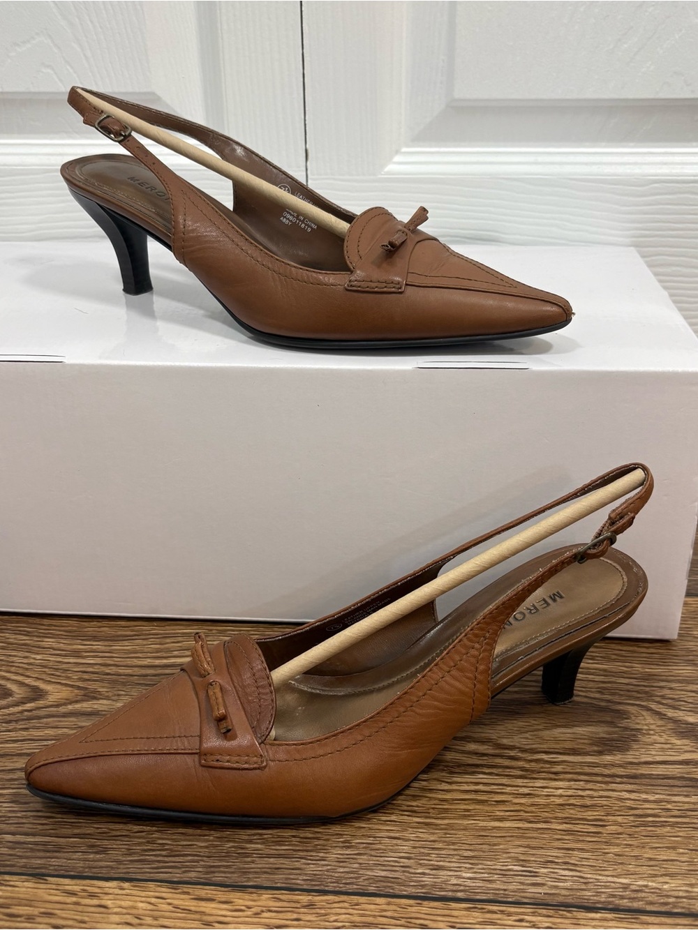 Merona Abby Leather Slingback Pointed Toe Pumps Bow Cognac Women’s 7.5